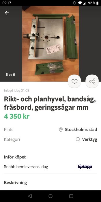 Lunas fräsbord med tillbehör upplagda på ett golv för försäljning.