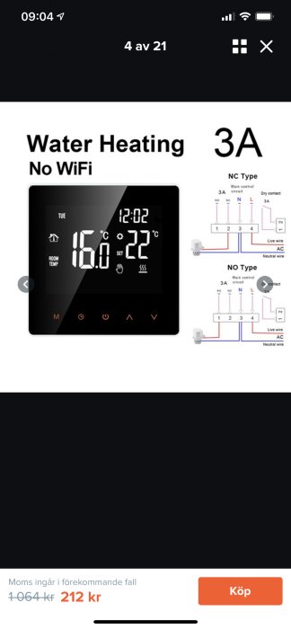 Digital termostat för vattenvärme med temperaturvisning och installationsdiagram, prisinformation inkluderad.