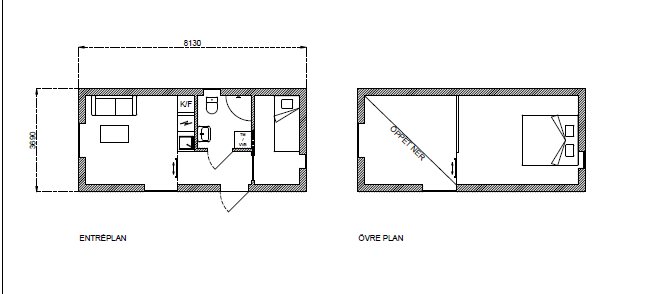 Architektonisk ritning av ett hus med entréplan och ett loft på övre plan.