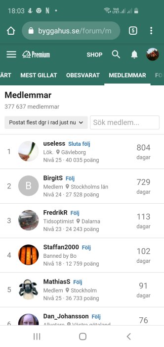 Skärmdump av forummedlemmars poänglista med användarnamn och profilbilder.