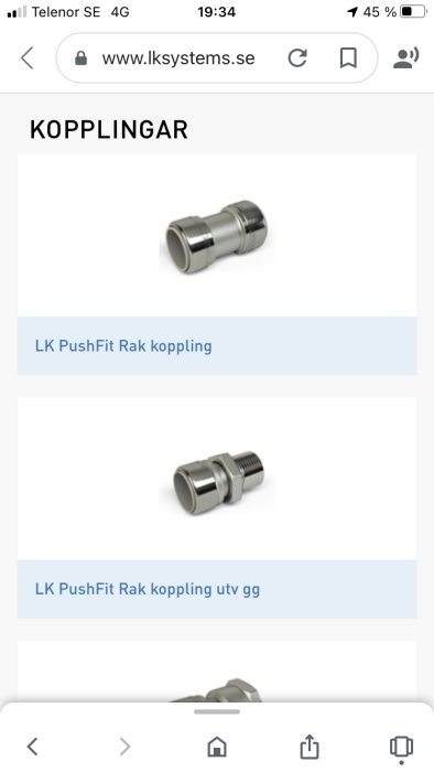 Två rörkopplingar av modell LK PushFit, en rak koppling och en med utvändig gänga.