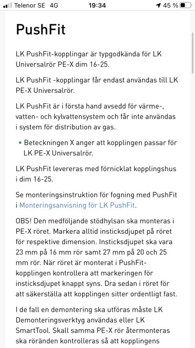 Skärmdump av informationstext om LK PushFit-kopplingar för PE-X-rör inom bygg och VVS.