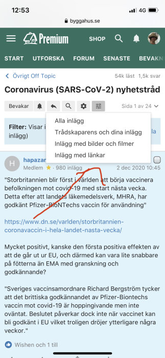 Skärmdump av diskussionsforum med öppnad filtermeny för att visa inlägg med länkar.