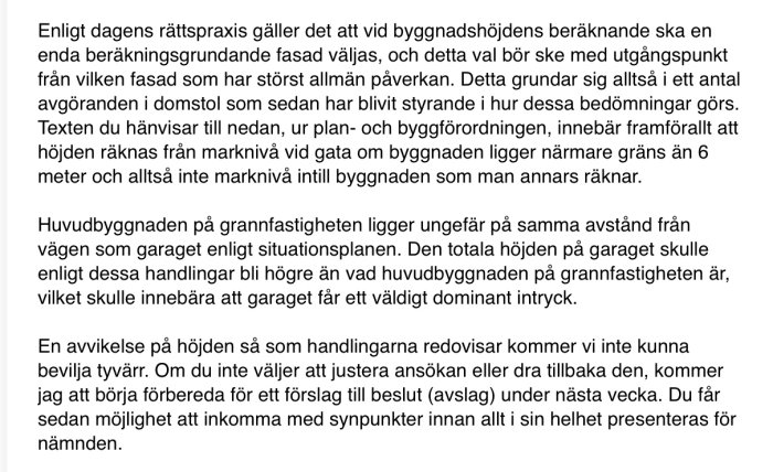 Skärmbild av ett mejl som diskuterar beräkningsprinciper för byggnadshöjd i förhållande till marknivå och grannbebyggelse.