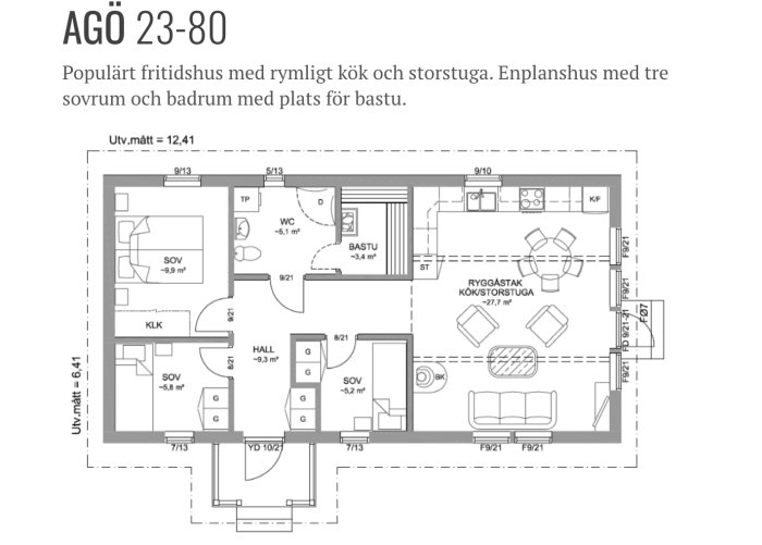 Planritning av ett enplanshus, AGÖ 23-80, med kök, vardagsrum, tre sovrum, förråd, bastu och badrum.