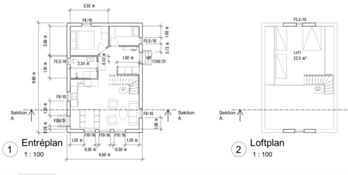 Ritningar med entreplan och loftplan för ett hus med tre sovrum, förråd och trappa.