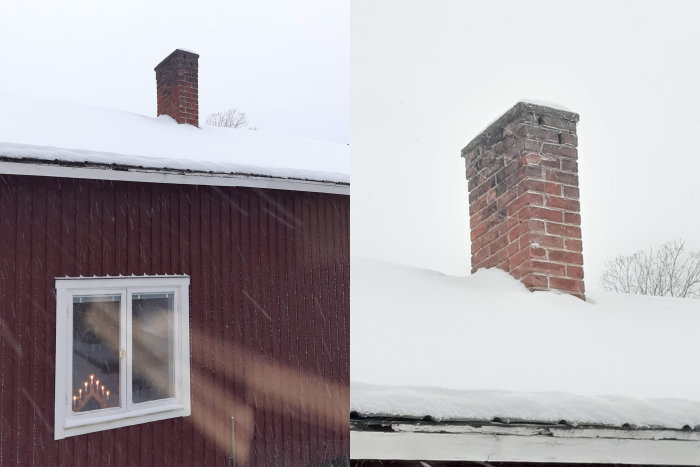 Två bilder: en vittrande skorsten på snötäckt tak och en närbild av gammal skorsten i snöväder.