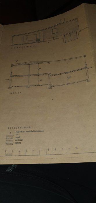 Ritningar på en byggnad med markeringar för bärverk, inklusive en fasadvy och sektion med dimensioner och materialbeteckningar.