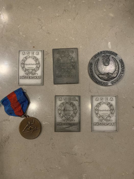 Fem föremål på bord: fyra ASEA mästerskapsplaketter och en medalj med blått och rött band.