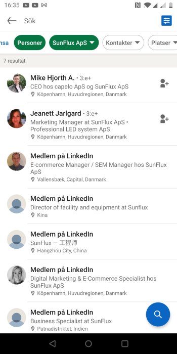 Skärmdump från LinkedIn med sökresultat för anställda hos SunFlux ApS.
