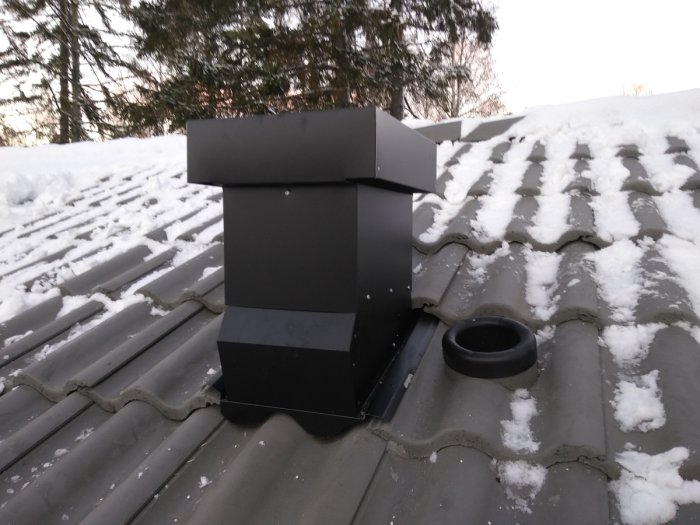 Ventilationshuv för köksfläkt installerad på snöbelagt plåttak med omgivande träd.