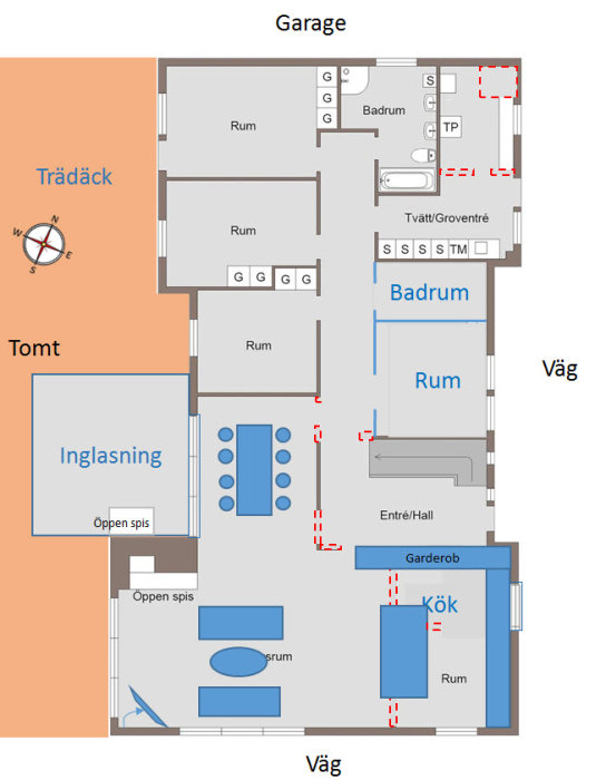 Planritning av ett hus med markerat köksområde, rum, badrum, och potentiella väggförändringar.