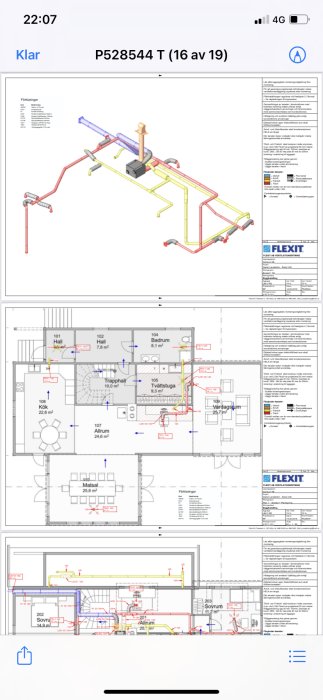 Schematisk bild av en FTX-installation med ventilationsvägar och husplanlösning.