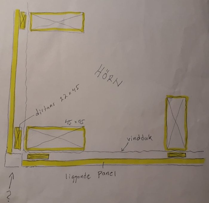 Handritad skiss som visar detaljer för montering av hörnlist och liggande panel på fasad med måttangivelser.