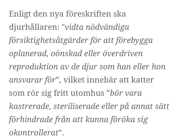 Textutdrag från nya kattföreskrifter 2020 om djurhållares ansvar att förhindra oplanerad reproduktion hos katter.