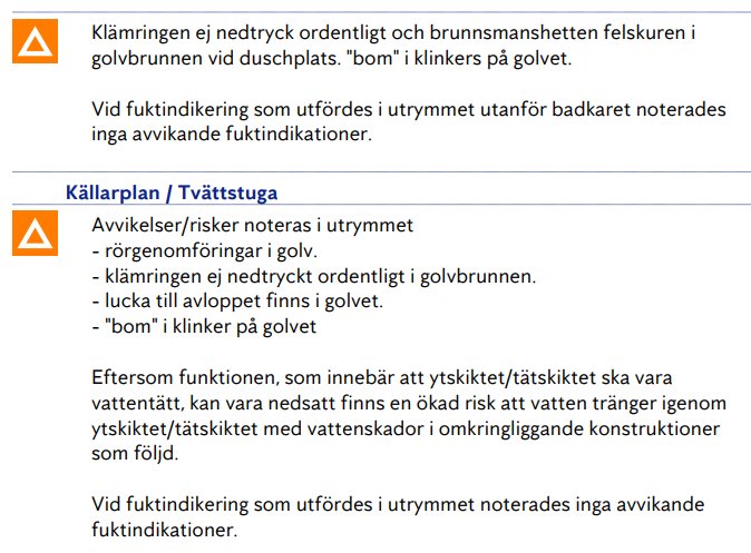 Utdrag ur ett besiktningsprotokoll som noterar brister såsom klämring ej nedtryckt i golvbrunn och 'bom' i klinkers på ett golv.