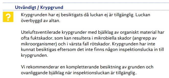 Skärmbild av ett besiktningsprotokoll från Anticimex som diskuterar krypgrundens skick och rekommenderar ytterligare besiktning.