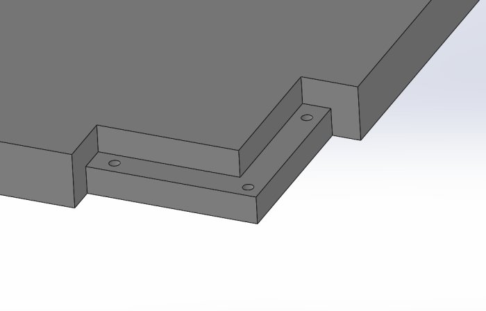 3D-modell av träbordshörn med hörnklossar och synliga skruvhål som diskuteras för städning och underhåll.