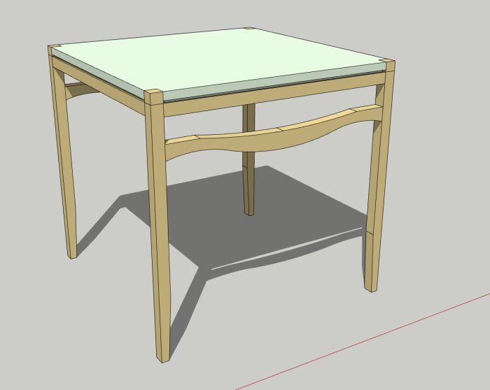 3D-modell av ett bord med avtagbar skiva och underrede med tappsammanfogade ben.