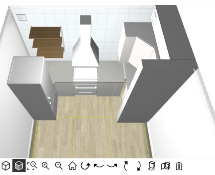 3D-skrivbordsskiss av ett litet kök med vitvaror och skåp i en 26 kvm lägenhet.