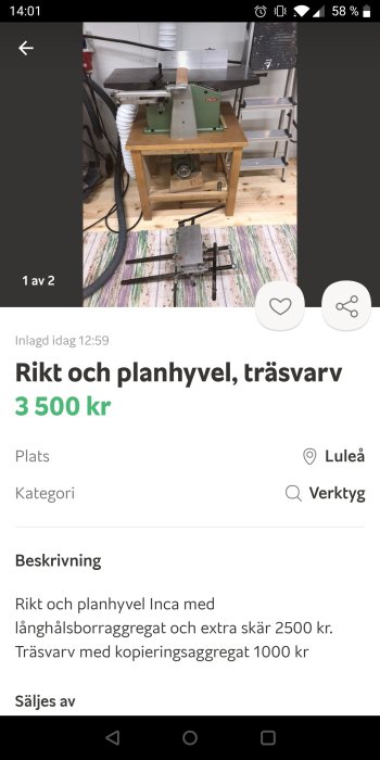 Inca rikt och planhyvel på träbänk med anslutet långsmal sugrör för spån.