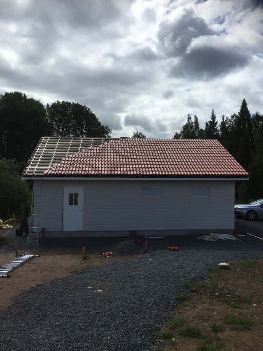 Hus under konstruktion med delvis lagt tegeltak och oskruvad takläkt, på en grusgrund mot molnig himmel.