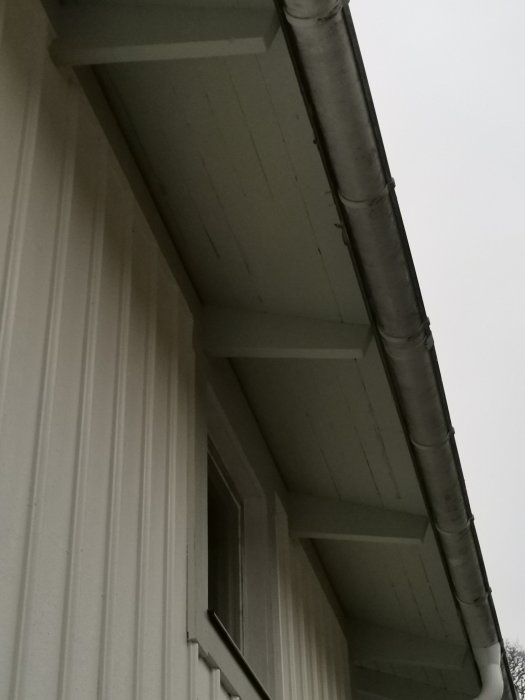 Takstolar under en byggnads utskjutande tak med synlig ojämnhet, lämpliga för att klädas in och för insektsnätsinstallation.