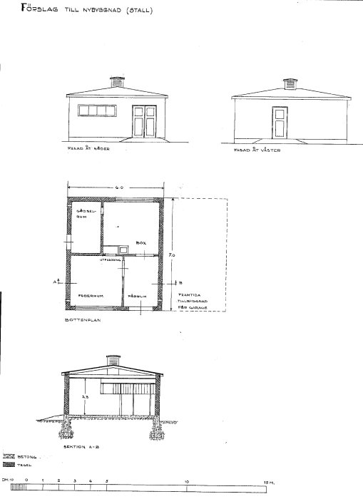 Arkitektritningar för renovering av gammalt stall, inkluderar fasader och planlösning.