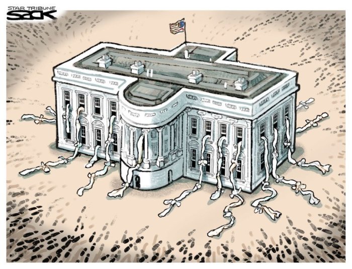 Karikatyr av byggnad liknande Vita huset med ben krypande bort och en amerikansk flagga på taket.