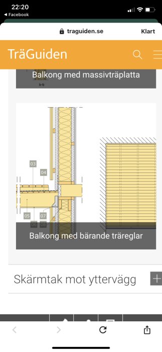 Illustration av en balkongkonstruktion med massivträplatta och bärande träreglar.