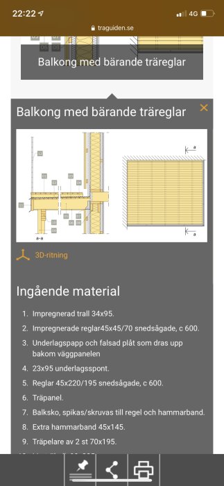 Schematisk illustration av balkongkonstruktion med bärande träreglar och materiallista.