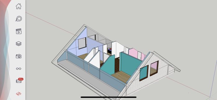 Skiss i SketchUp av en villaövervåning med full takhöjd och sluttande partier, visar rum och två takfönster.