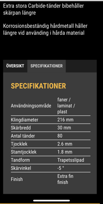 Specifikationslista för sågklinga med data om användningsområde, klingdiameter, antal tänder och andra detaljer.