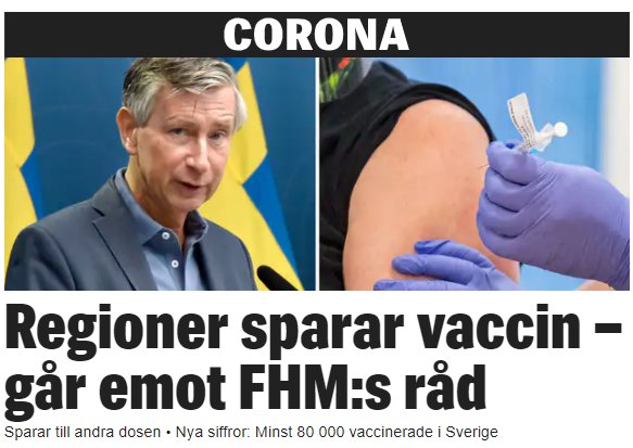 Nyhetsbild med två delar; vänster en manlig talare med svensk flagga, höger en arm som får en vaccinspruta.