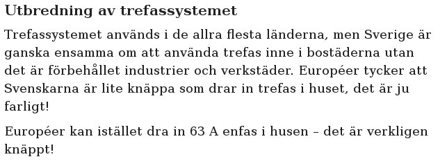Textavsnitt som diskuterar användningen av trefassystemet i Sverige jämfört med andra länder.