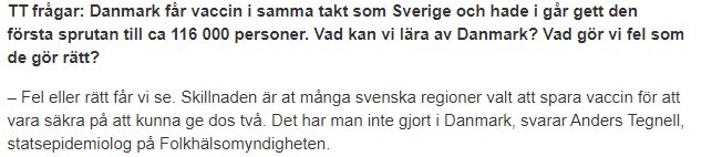 Textutdrag från en artikel där Anders Tegnell diskuterar vaccinationsstrategier och jämför med Danmark.