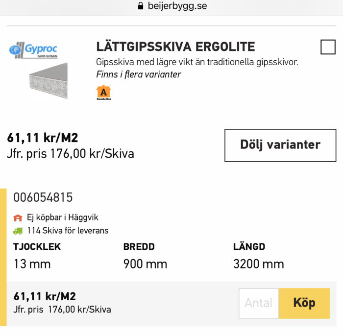 Skärmdump från Beijer Bygg webbplats som visar Lättgipsskiva Ergolite med storleks- och prisinformation.