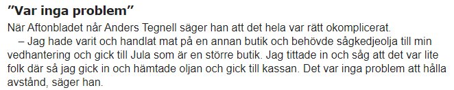 Skärmdump av nyhetsartikel där Anders Tegnell diskuterar sitt besök på Jula för att köpa sågkedjeolja.