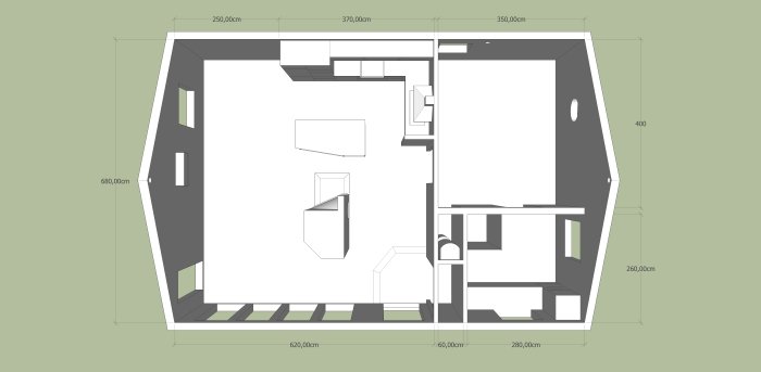 Arkitektonisk ritning av en enplanslägenhet med måttangivelser och möblering.