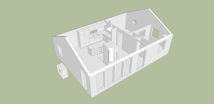 3D-ritning av ett ofärdigt enplanshus utan tak, som visar layouten av rum och väggar.