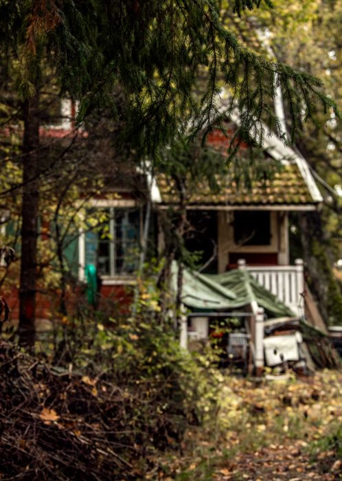 Överblick av en förfallen gård med en delvis synlig äldre röd byggnad, omgiven av grönska och skräp.