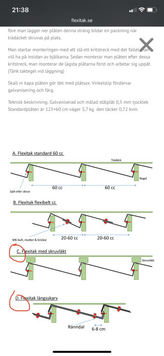 Instruktionsdiagram för montering av flexitak med alternativa metoder för skruvläkt och längdskarv.