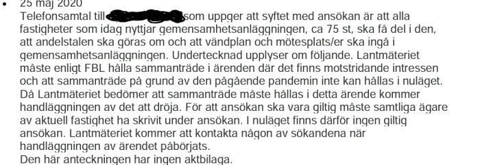 Dokumentutdrag från Lantmäteriet om omprövning av gemensamhetsanläggning med diskussion om andelstal och sammanträdesutmaning p.g.a. pandemi.