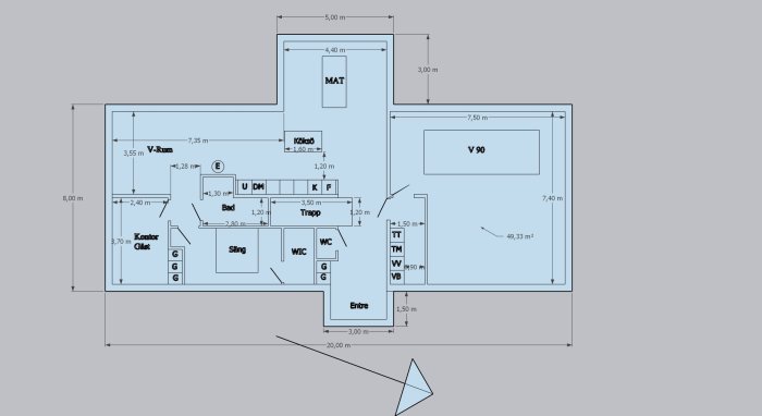 En första plans ritning av ett ladhus, med markerade rum som kök, matsal och vardagsrum, utan fönster.