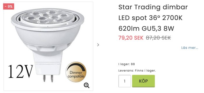 Dimbar LED-spot GU5,3 8W, 620lm, 2700K, kompatibel med dimmer, 12V, på rea.