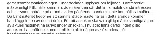 En bild av en text från ett lantmäteriprotokoll som diskuterar behovet av ett fullständigt signerat sammanträde trots pandemin.