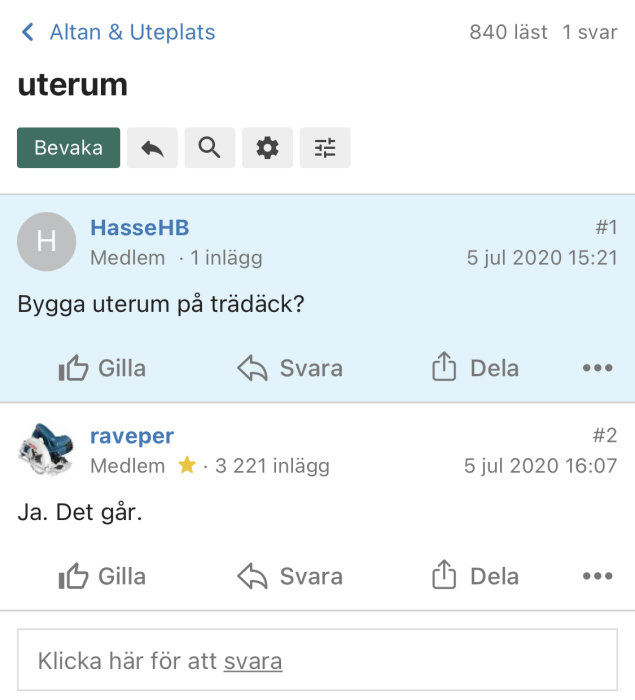 Skärmdump av ett diskussionsforum om byggande med en tråd angående att bygga uterum på trädäck.