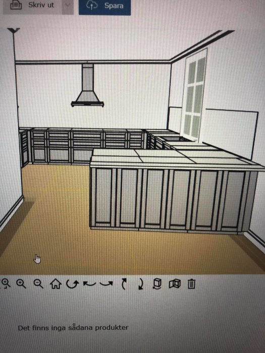 Schematisk ritning av ett kök med bänkskåp, synlig köksfläkt och fönster, utan överskåp och vitvaror.