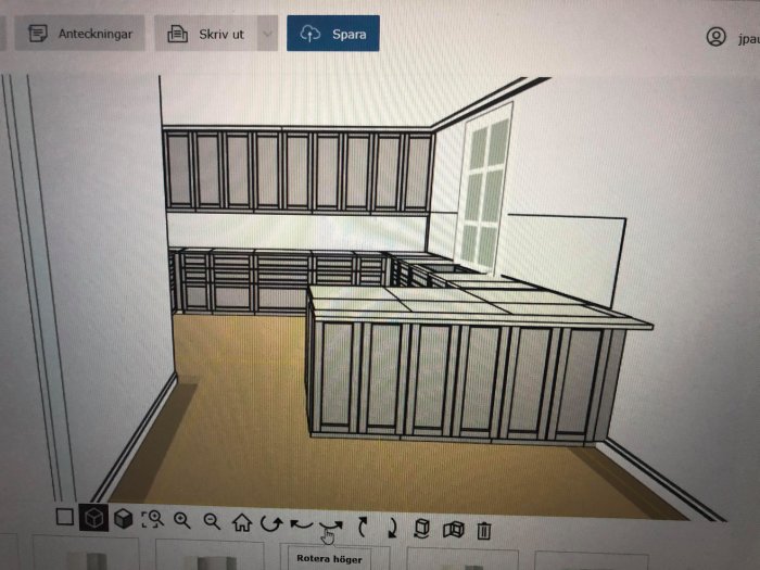 3D-skiss av ett köksdesignförslag med köksö och väggskåp, utan vitvaror och detaljer.