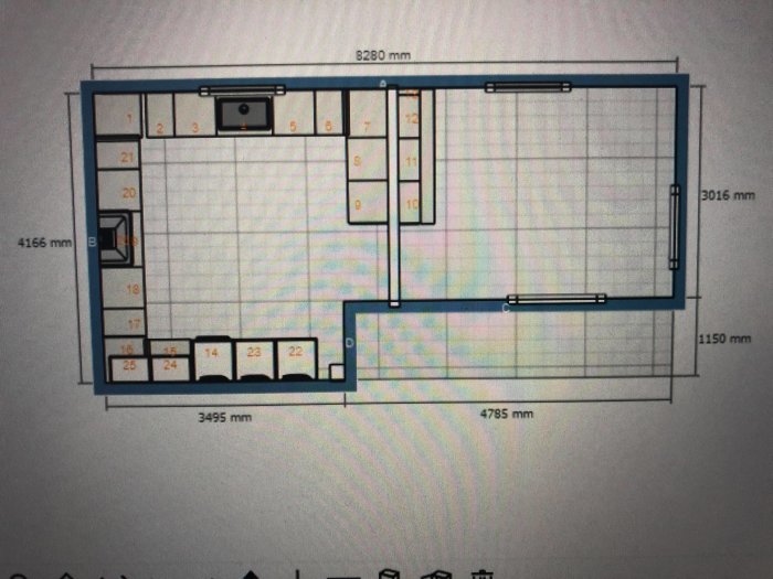 Ritning av kökslayout med mått för planering av Ikeakök, inklusive plats för kyl och spishäll.